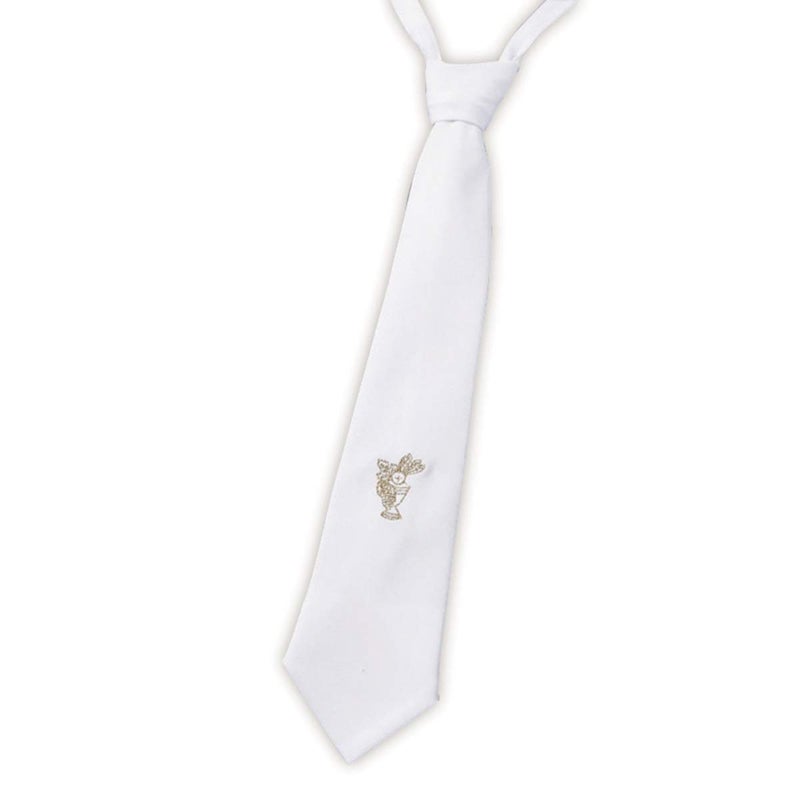 Boys First Holy Communion Gold Embroidered Chalice Design 14" White Cotton Adjustable Dress Neck Tie